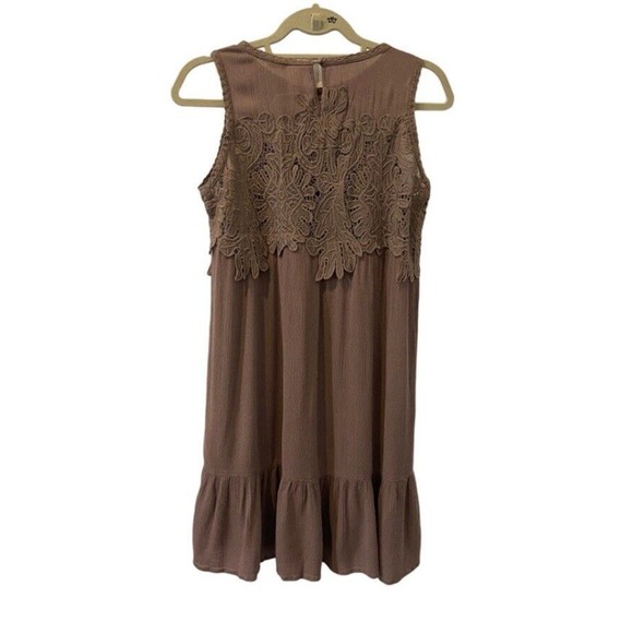 Oddy Womens Medium Mini Lined Dress Lacey Sleeveless Round Neck Brown - Picture 7 of 7